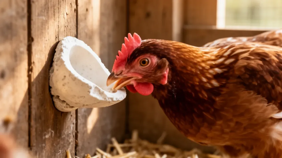 Poule picorant un os de seiche pour compléter son apport en calcium