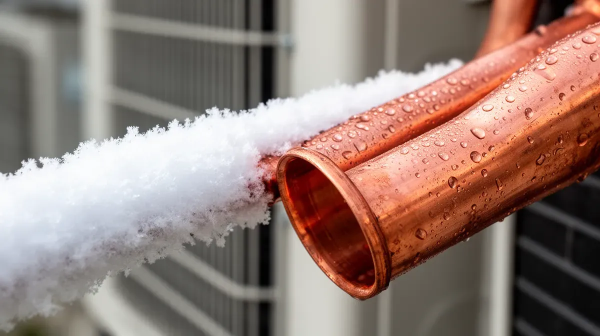 Comparaison entre le petit tuyau givré et le gros tuyau avec condensation sur une climatisation