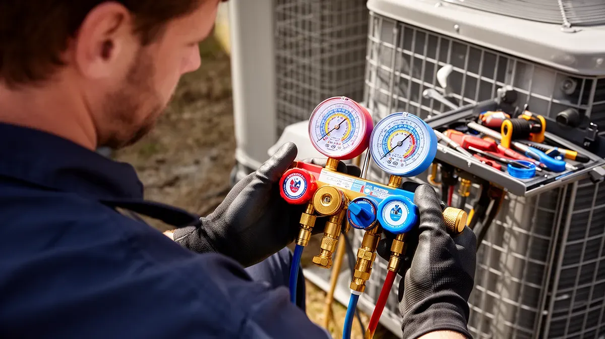Technicien utilisant un manifold pour vérifier la pression du circuit frigorifique d'une climatisation