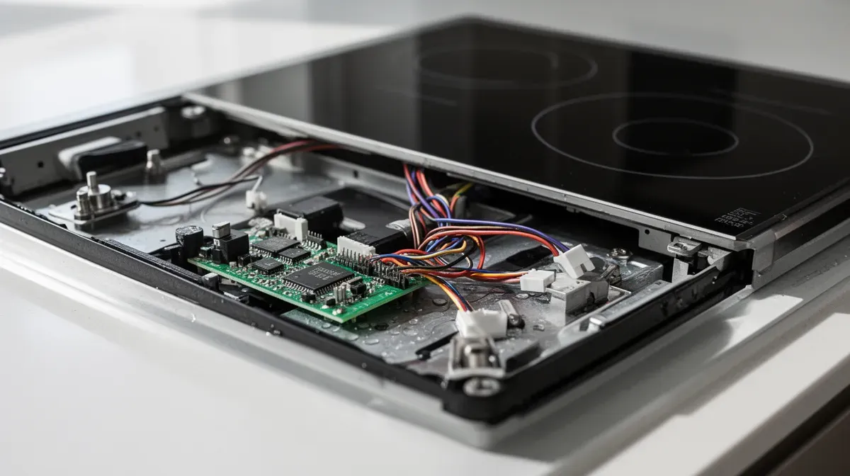 Vue rapprochée des composants électroniques d'une plaque à induction exposés à l'humidité