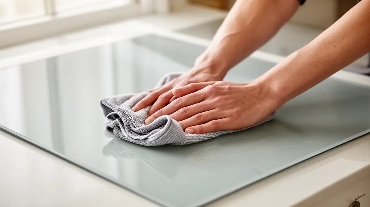 Mains épongeant une plaque vitrocéramique avec un chiffon sec après une infiltration d'eau