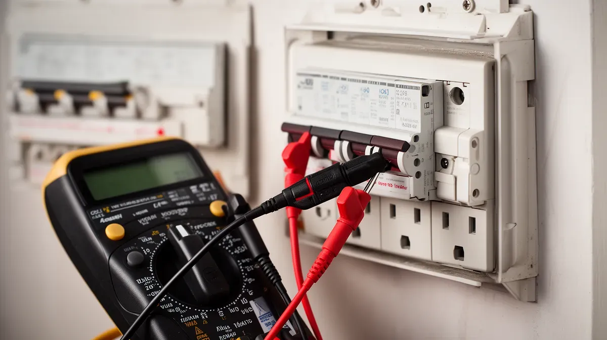 Multimètre testant un disjoncteur pour diagnostiquer une panne électrique après séchage