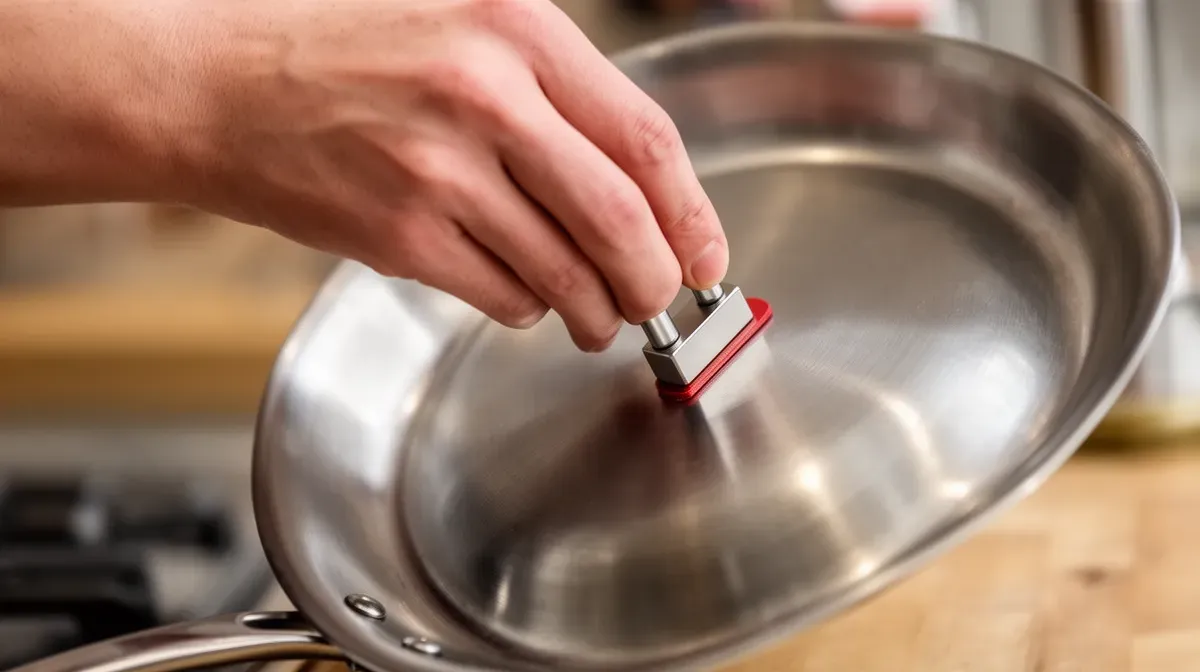 Test de compatibilité d'une casserole avec un aimant sur une plaque à induction