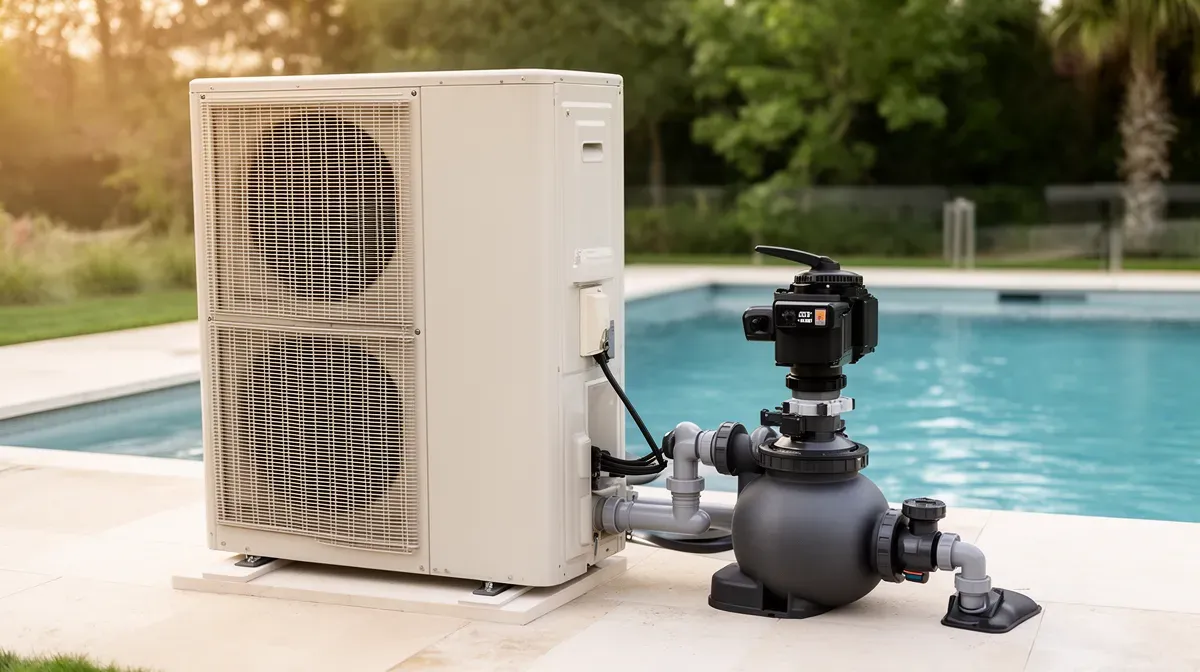 Pompe à chaleur Zodiac Z200 en fonctionnement près d'une piscine, illustrant son installation typique