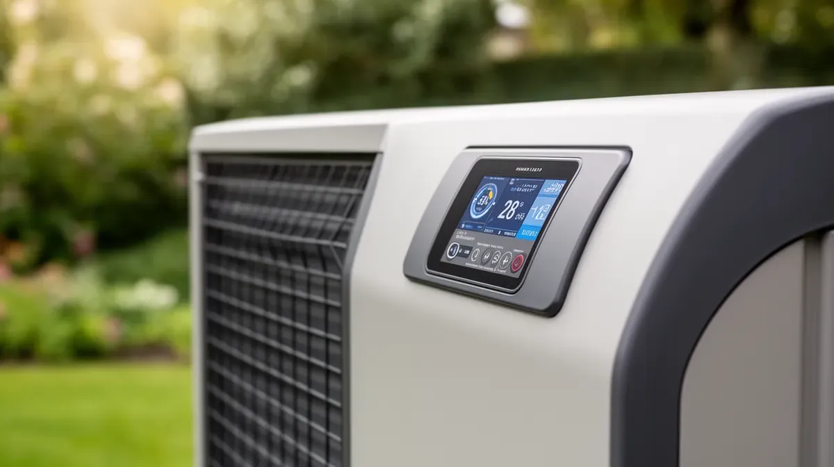 Gros plan sur une pompe à chaleur de piscine avec panneau de contrôle digital