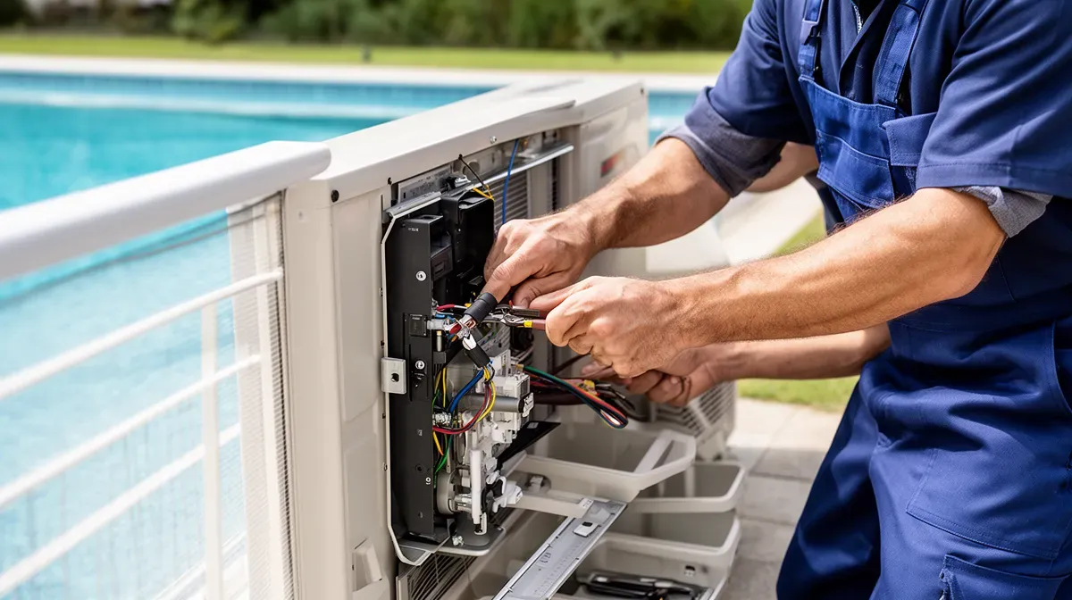 Installation d'une pompe à chaleur de piscine par un technicien