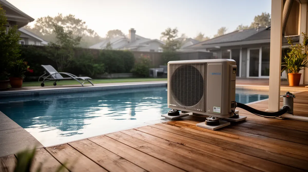Pompe à chaleur piscine Racer silencieuse installée près d'une terrasse en bois