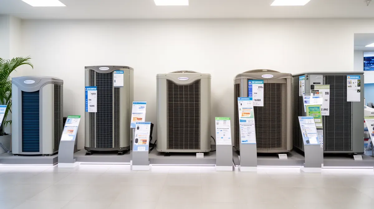Différents modèles de pompes à chaleur piscine Racer exposés en showroom avec prix