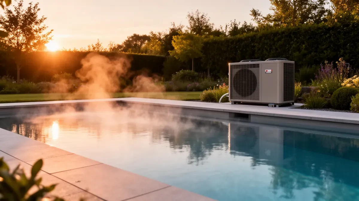 Piscine chauffée par une pompe à chaleur Thermor en fin de journée