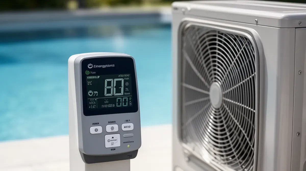 Pompe à chaleur piscine avec moniteur de consommation énergétique en gros plan