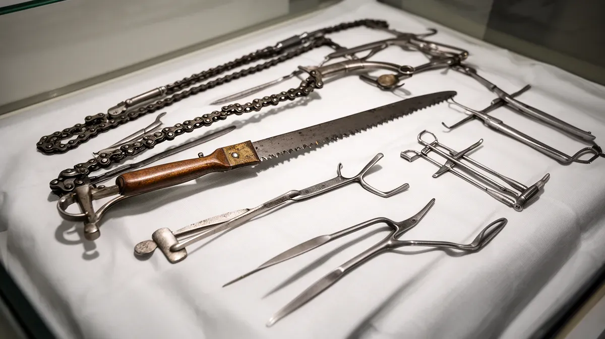 Instruments chirurgicaux anciens, dont une scie à chaîne médicale, disposés sur un tissu blanc stérile