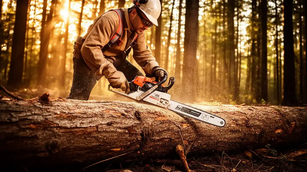 Bûcheron utilisant une tronçonneuse du milieu du XXe siècle pour couper un tronc d'arbre en forêt