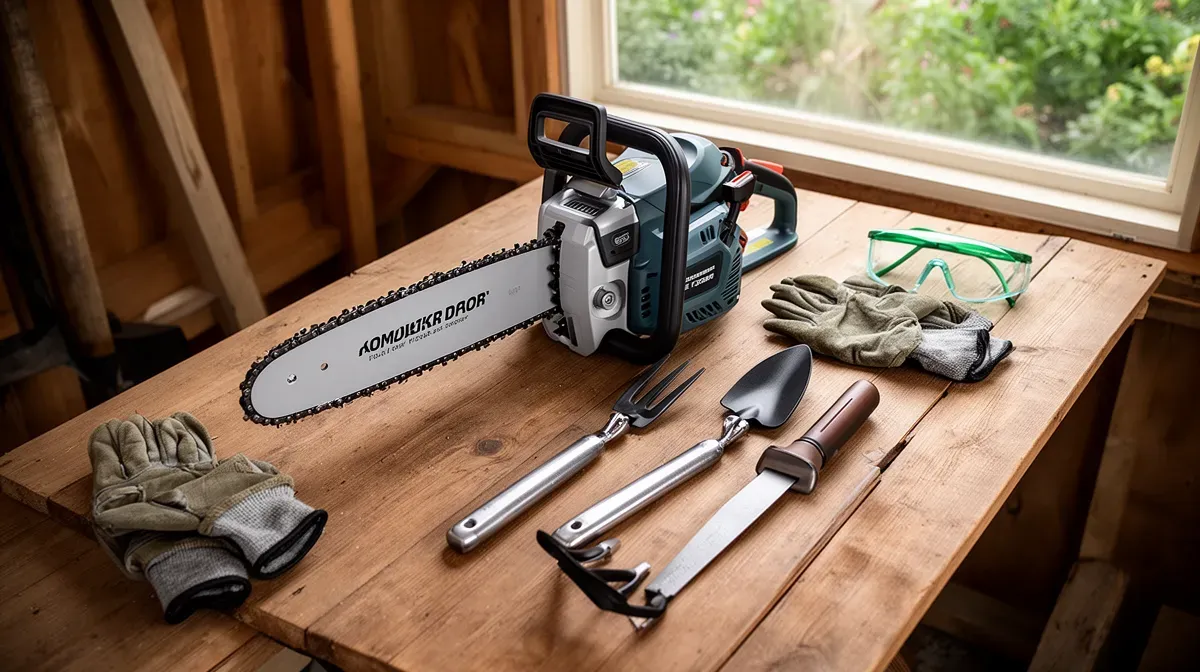 Tronçonneuse moderne et outils de jardinage disposés sur une table en bois dans un abri de jardin