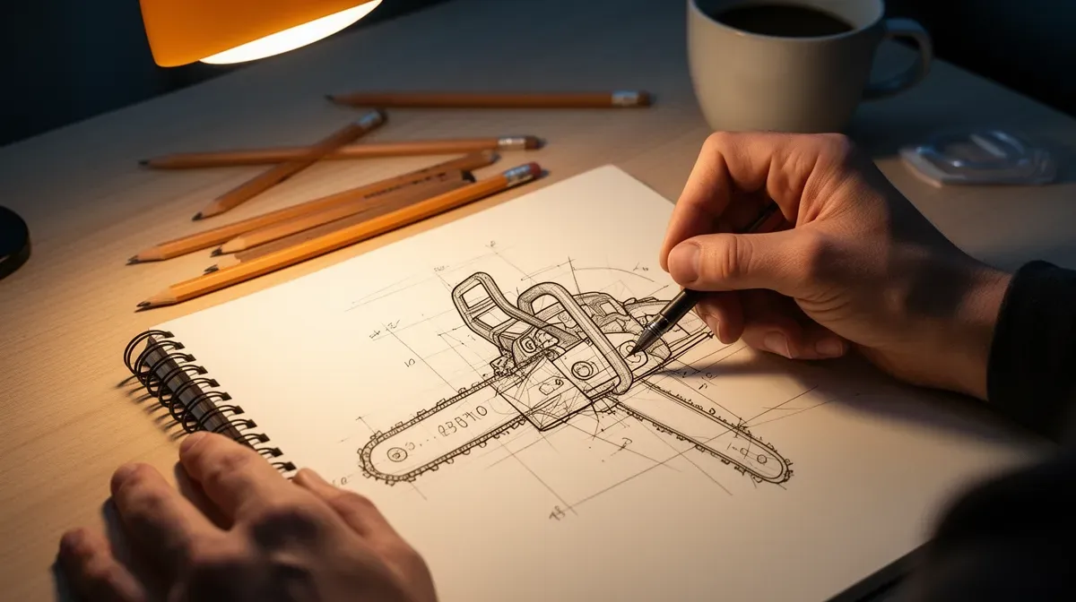 Mains dessinant un schéma technique de tronçonneuse sur un carnet, symbolisant l'innovation