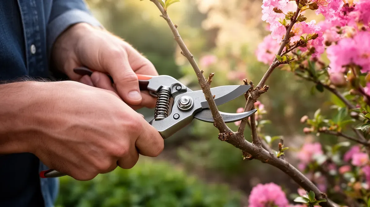 Taille d'un lilas des Indes avec un sécateur sur une branche