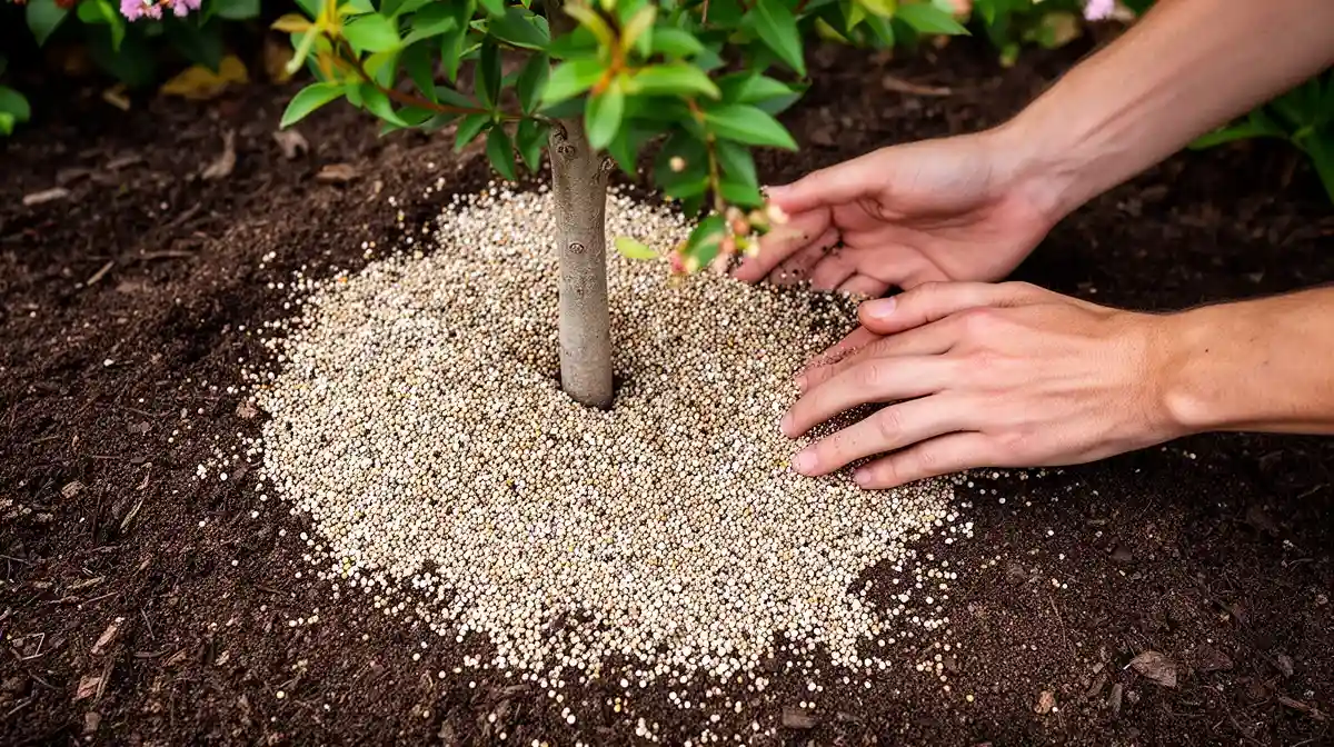 Application d'engrais pauvre en azote au pied d'un lilas des Indes