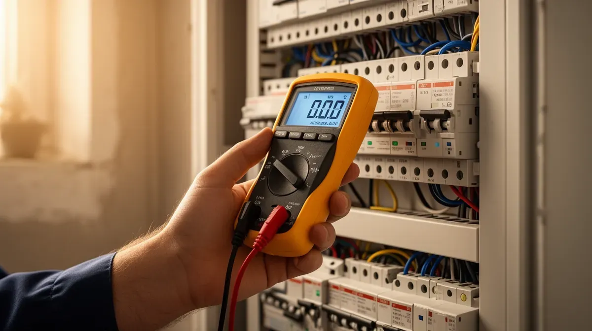 Électricien mesurant la tension dans un tableau électrique avec un multimètre