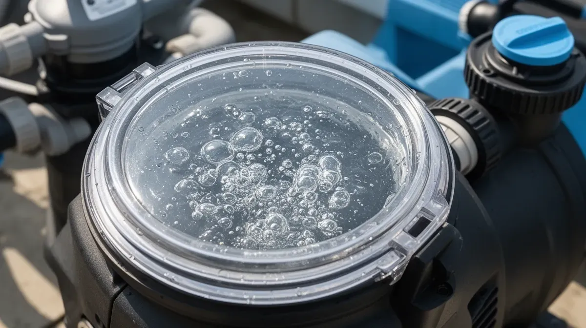 Pompe de piscine avec bulles d'air visibles dans le couvercle transparent