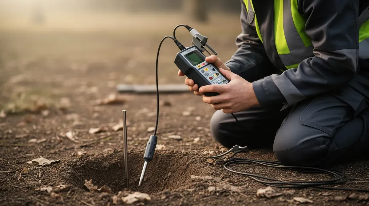 Technicien utilisant un détecteur de sonde pour localiser un regard télécom