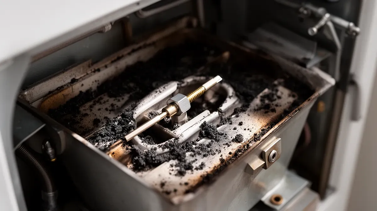 Gros plan sur le brûleur et la sonde d'ionisation d'une chaudière, montrant l'encrassement
