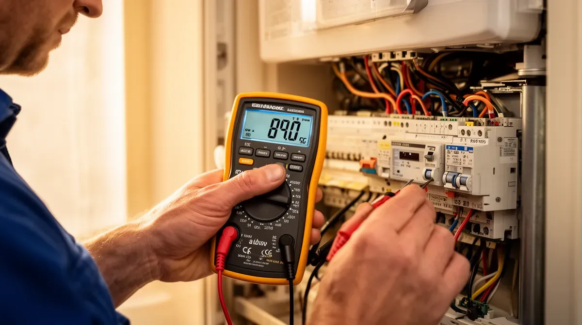 Technicien utilisant un multimètre pour diagnostiquer un problème électrique sur une chaudière