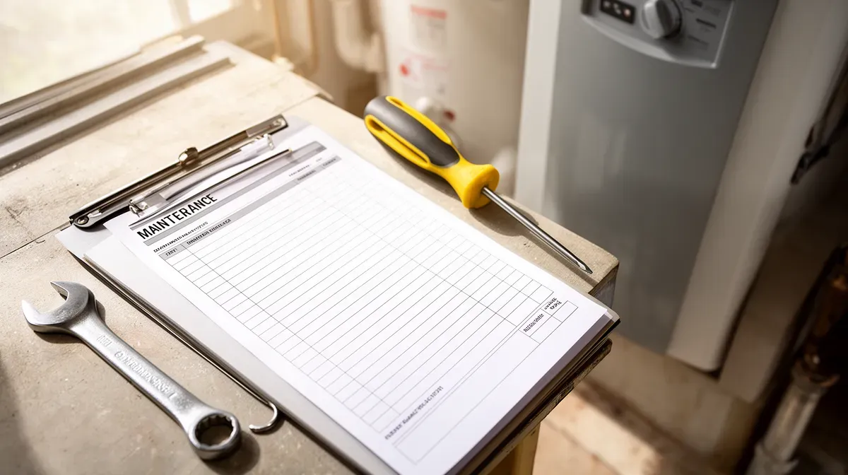 Outils de maintenance et liste de contrôle sur un établi près d'une chaudière