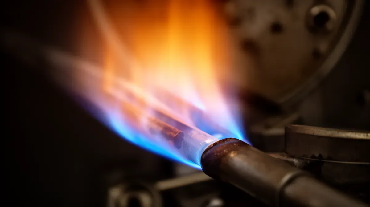 Brûleur de chaudière Domusa en fonctionnement avec flamme bleue